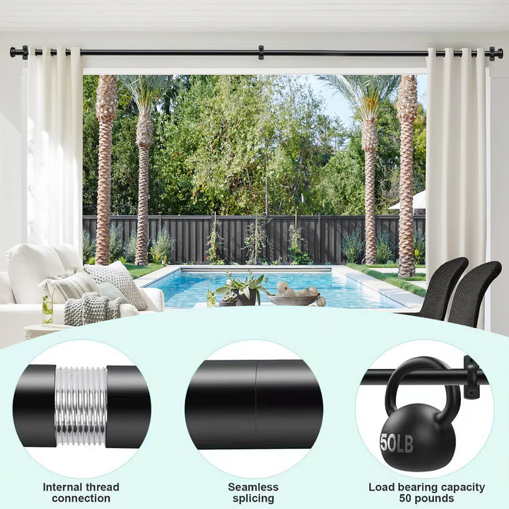 Curtain Rods 168" to 240" / 144" to 168" Adjustable, 1 Inch Diameter Curtain Rods, Black Outdoor Curtain Rod, Hanging Curtain Rod with Brackets