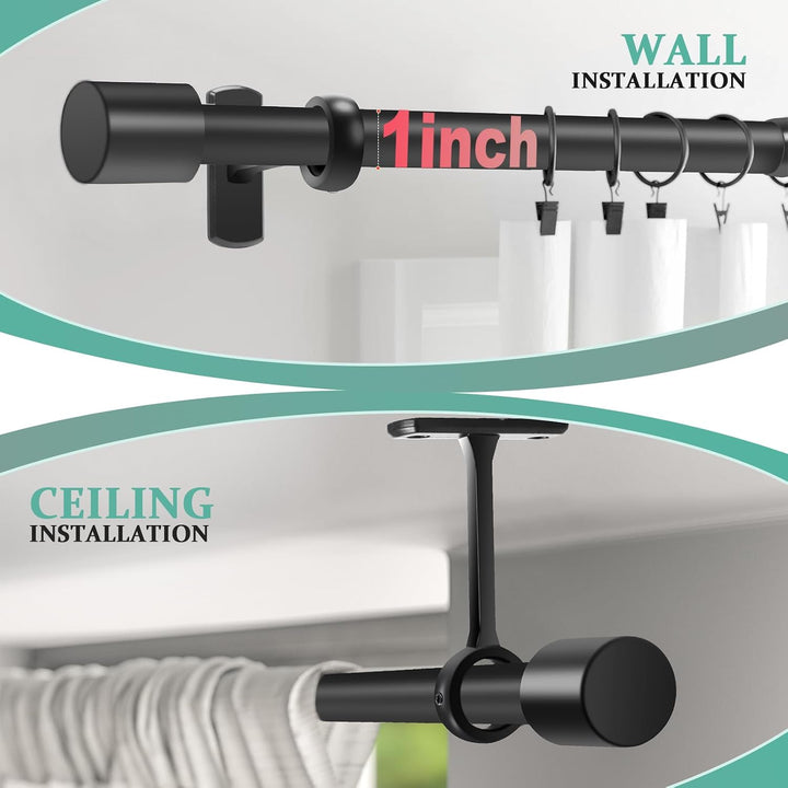 Curtain Rod 37" to 72" / 72” to 144” Adjustable, 1 Inch Diameter Curtain Rods, Black Or Brushed Nickel Adjustable Curtain Rod