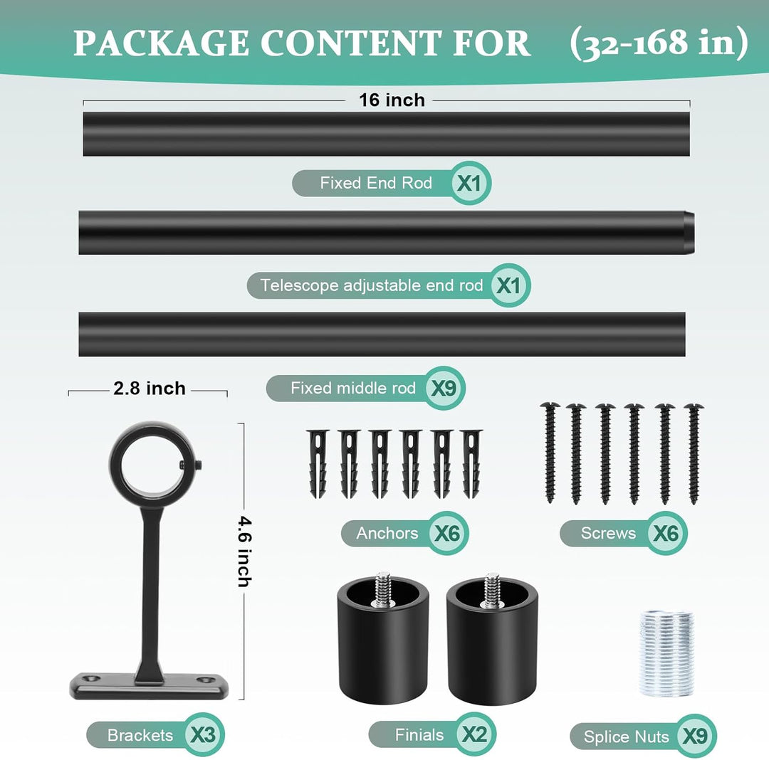 Curtain Rods 168" to 240" / 144" to 168" Adjustable, 1 Inch Diameter Curtain Rods, Black Outdoor Curtain Rod, Hanging Curtain Rod with Brackets