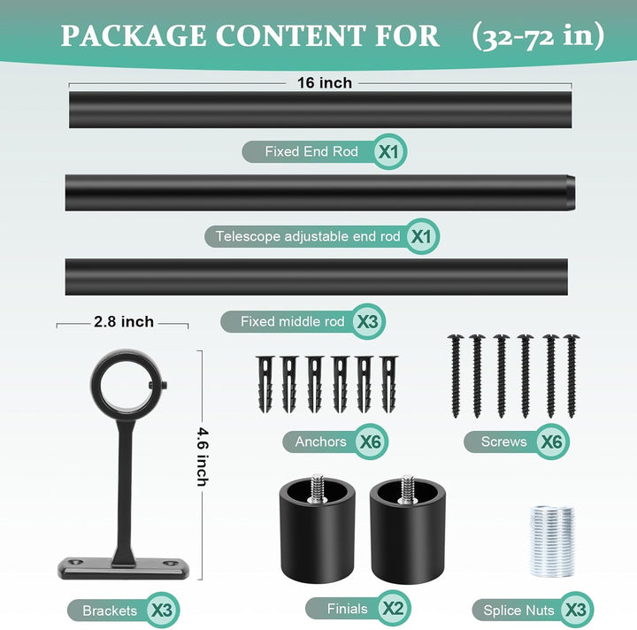 Curtain Rod 37" to 72" / 72” to 144” Adjustable, 1 Inch Diameter Curtain Rods, Black Or Brushed Nickel Adjustable Curtain Rod