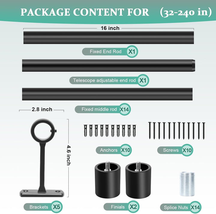 Curtain Rods 168" to 240" / 144" to 168" Adjustable, 1 Inch Diameter Curtain Rods, Black Outdoor Curtain Rod, Hanging Curtain Rod with Brackets