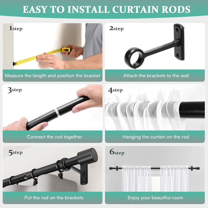 Curtain Rods 168" to 240" / 144" to 168" Adjustable, 1 Inch Diameter Curtain Rods, Black Outdoor Curtain Rod, Hanging Curtain Rod with Brackets