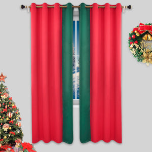 Indoor Grommet Top Curtains, Christmas Curtains, Red & Green Stitching Color Curtains, Indoor Christmas Curtains,2 Pcs