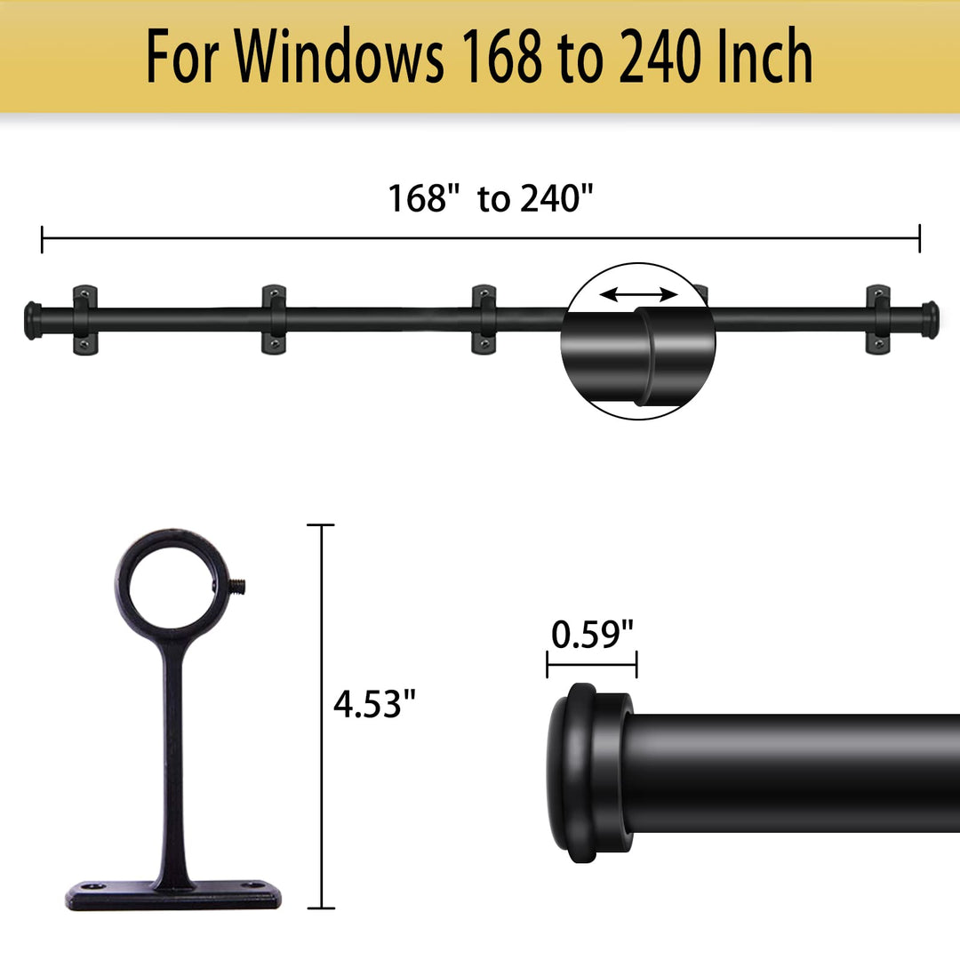Curtain Rods 168" to 240" / 144" to 168" Adjustable, 1 Inch Diameter Curtain Rods, Black Outdoor Curtain Rod, Hanging Curtain Rod with Brackets